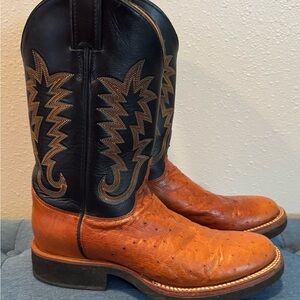 Justin Boots Black and Tan Smooth Ostrich Boots